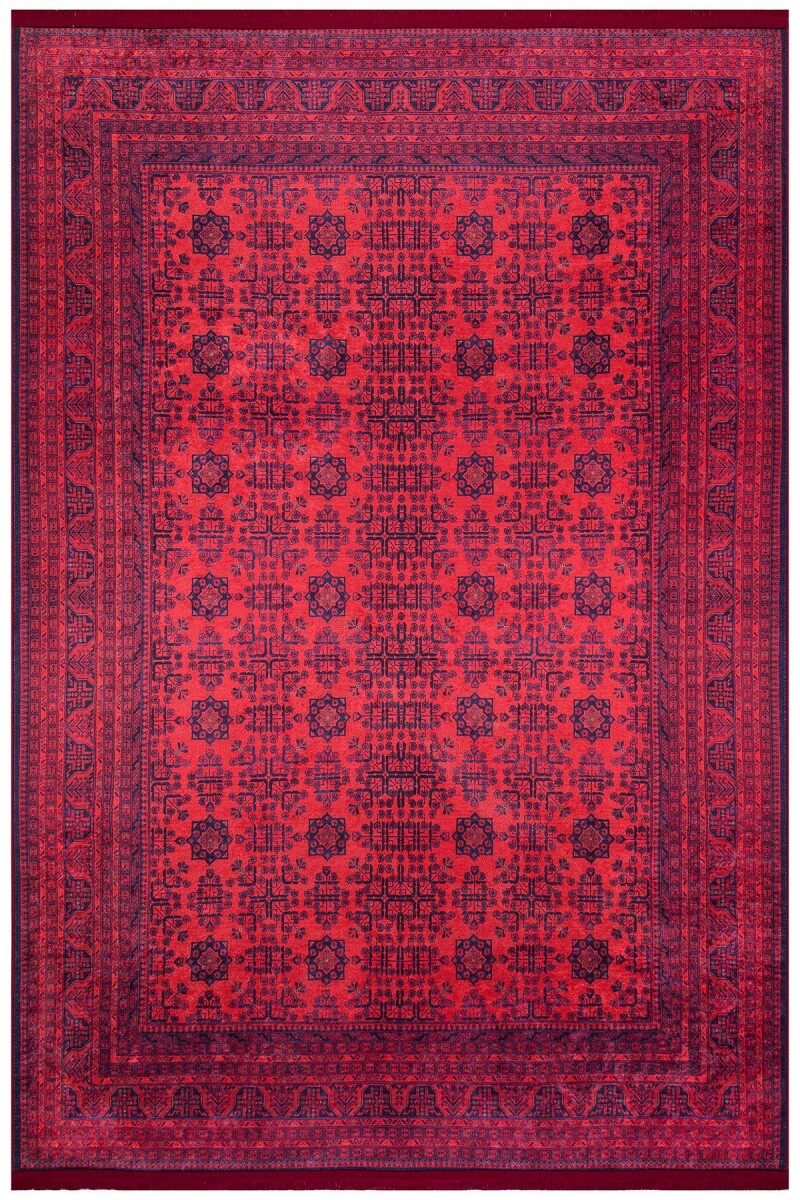 Afgan Desen Yıkanabilir Pamuk Taban Kırmızı Halı - Frenda