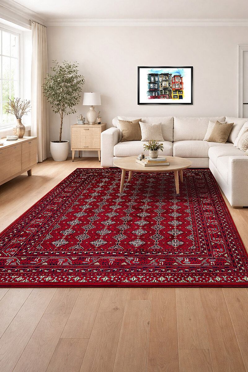 Afgan Halısı Bilicik Etnik Hoca Roshnai Otantik Desen Viskon Kırmızı Halı Bc04 - Frenda