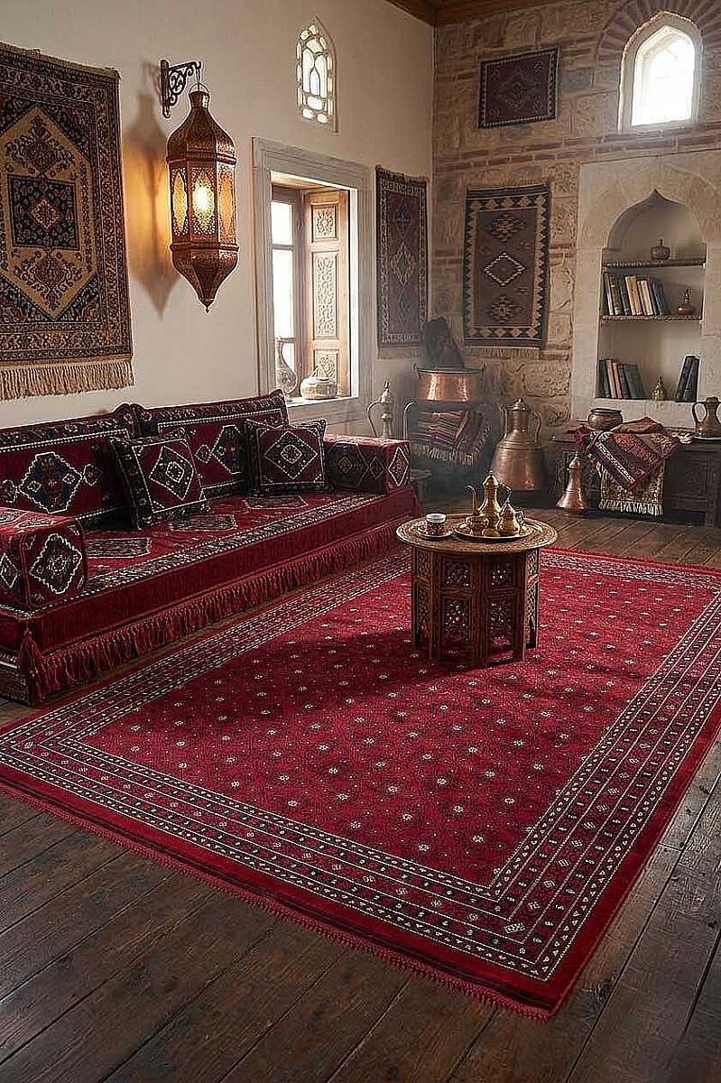 Afgan Halısı Bilicik Etnik Khall Otantik Desen Viskon Kırmızı Halı Bc02 - Frenda