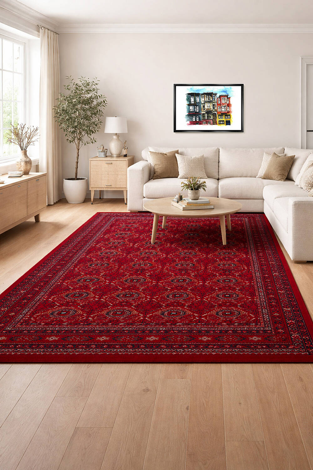 Afgan Halısı Bilicik Etnik Kunduz Otantik Desen Viskon Kırmızı Halı Bc01 - 1