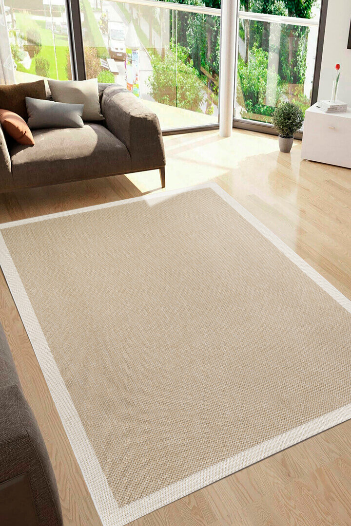 Agra Beyaz Çerçeveli Bej Sisal Dokuma Kolay Temizlenen Mutfak Salon Koridor ve Balkon Halısı Ar04 - Frenda