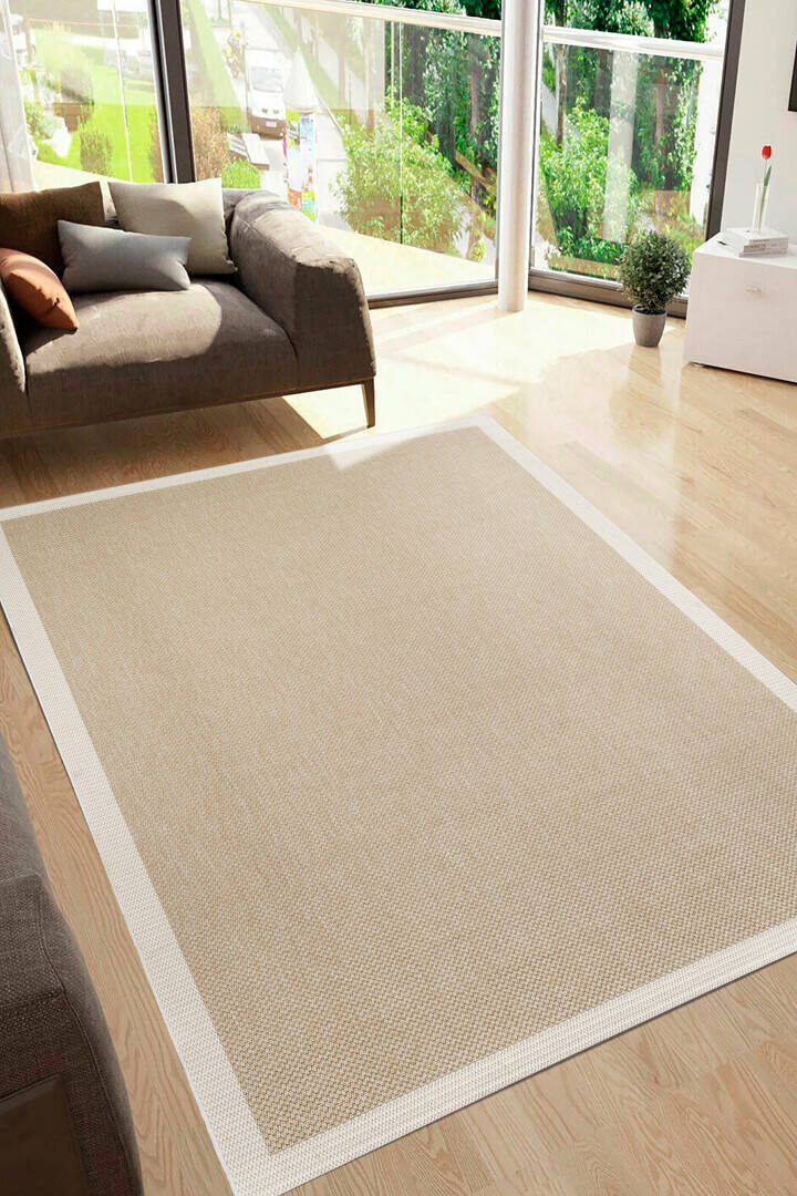 Agra Beyaz Çerçeveli Bej Sisal Dokuma Kolay Temizlenen Mutfak Salon Koridor ve Balkon Halısı Ar04 - 1