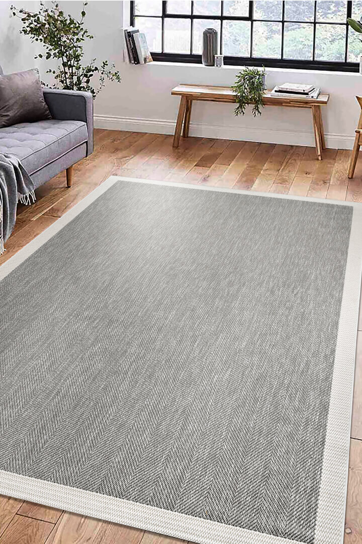 Agra Beyaz Çerçeveli Gri Sisal Dokuma Kolay Temizlenen Mutfak Salon Koridor ve Balkon Halısı Ar03 