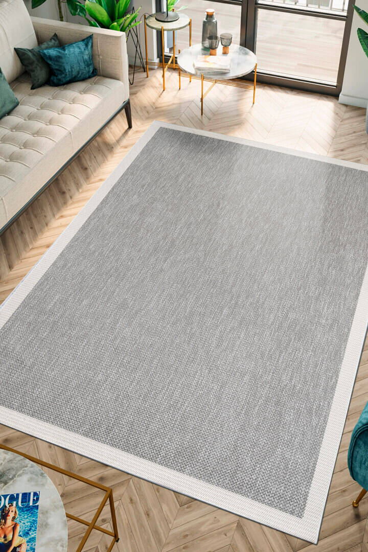 Agra Beyaz Çerçeveli Gri Sisal Dokuma Kolay Temizlenen Mutfak Salon Koridor ve Balkon Halısı Ar05 - 1