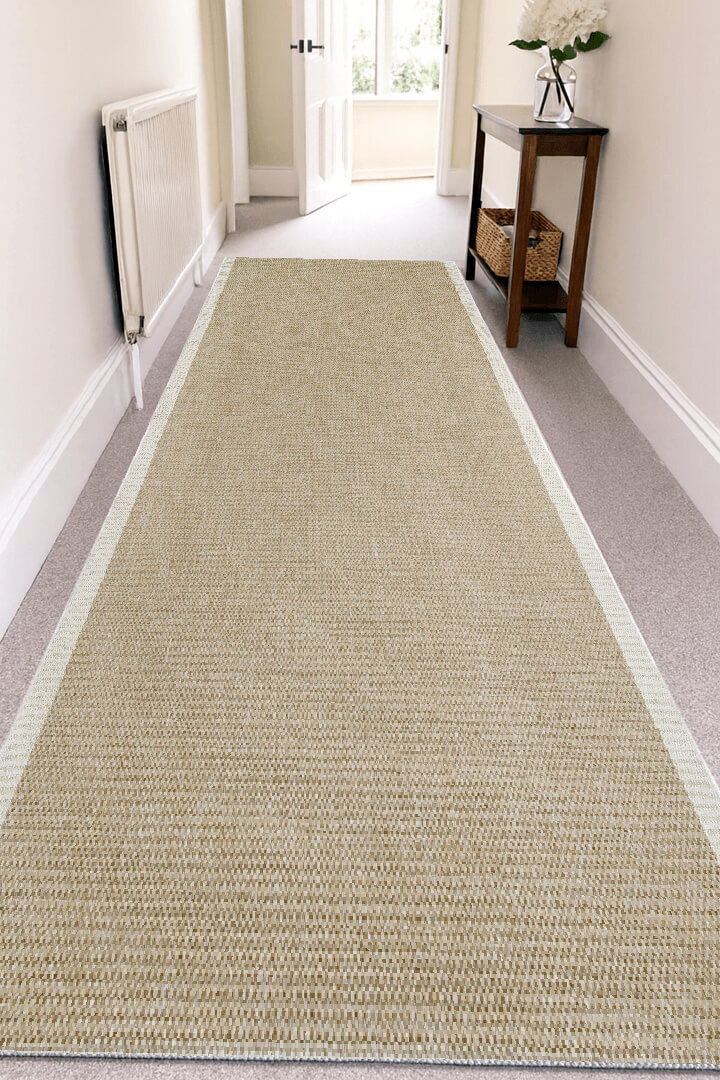 Agra Özel Ölçü Kesme Beyaz Bordürlü Bej Sisal Dokuma Kolay Temizlenen Yolluk Halı Ar04 
