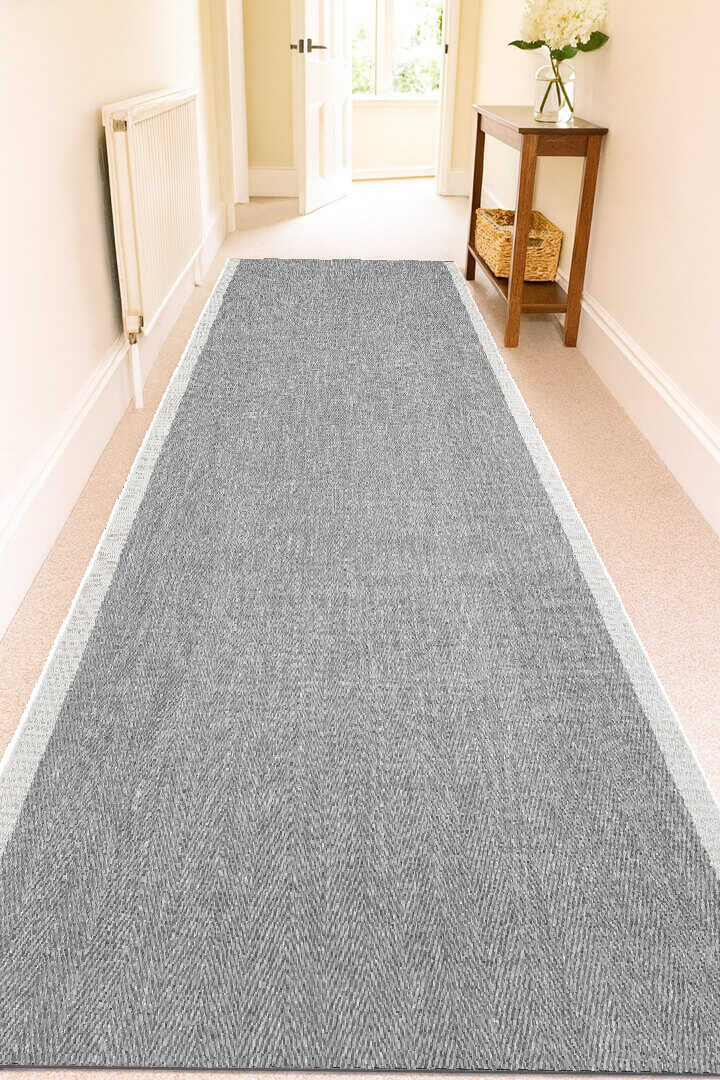 Agra Özel Ölçü Kesme Beyaz Bordürlü Gri Sisal Dokuma Kolay Temizlenebilen Yolluk Halı Ar03 - Frenda