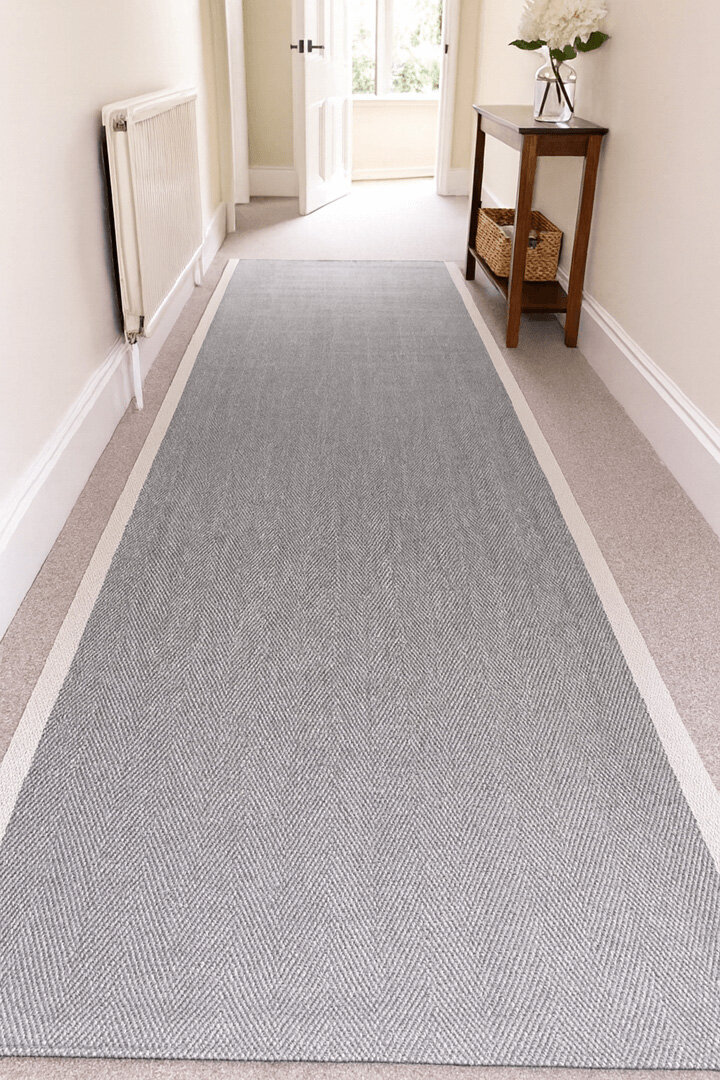 Agra Özel Ölçü Kesme Beyaz Bordürlü Gri Sisal Dokuma Kolay Temizlenebilen Yolluk Halı Ar05 - Frenda