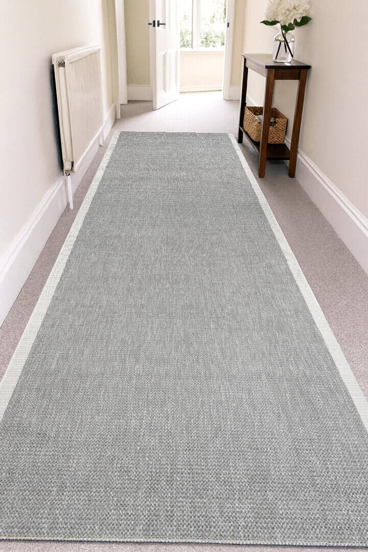 Agra Özel Ölçü Kesme Beyaz Bordürlü Gri Sisal Dokuma Kolay Temizlenen Yolluk Halı Ar05 - 1