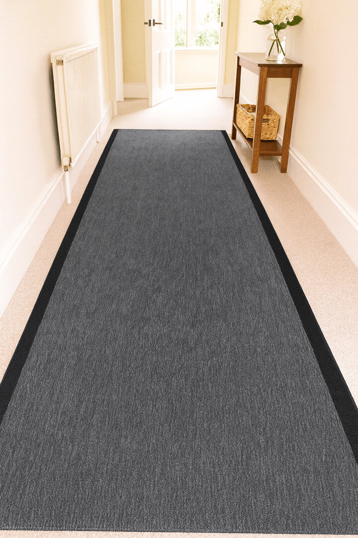 Agra Özel Ölçü Kesme Siyah Bordürlü Gri Sisal Dokuma Kolay Temizlenebilen Yolluk Halı Ar01					 - Frenda