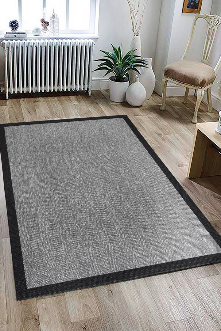 Agra Siyah Çerçeveli Gri Sisal Dokuma Kolay Temizlenen Mutfak Salon Koridor ve Balkon Halısı Ar01					 - Frenda