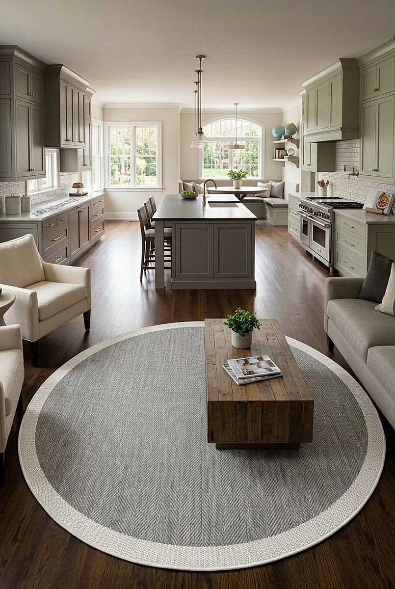 Agra Yuvarlak Beyaz Çerçeveli Gri Sisal Dokuma Kolay Temizlenebilen Mutfak Salon ve Balkon Halısı Ar03 - Frenda