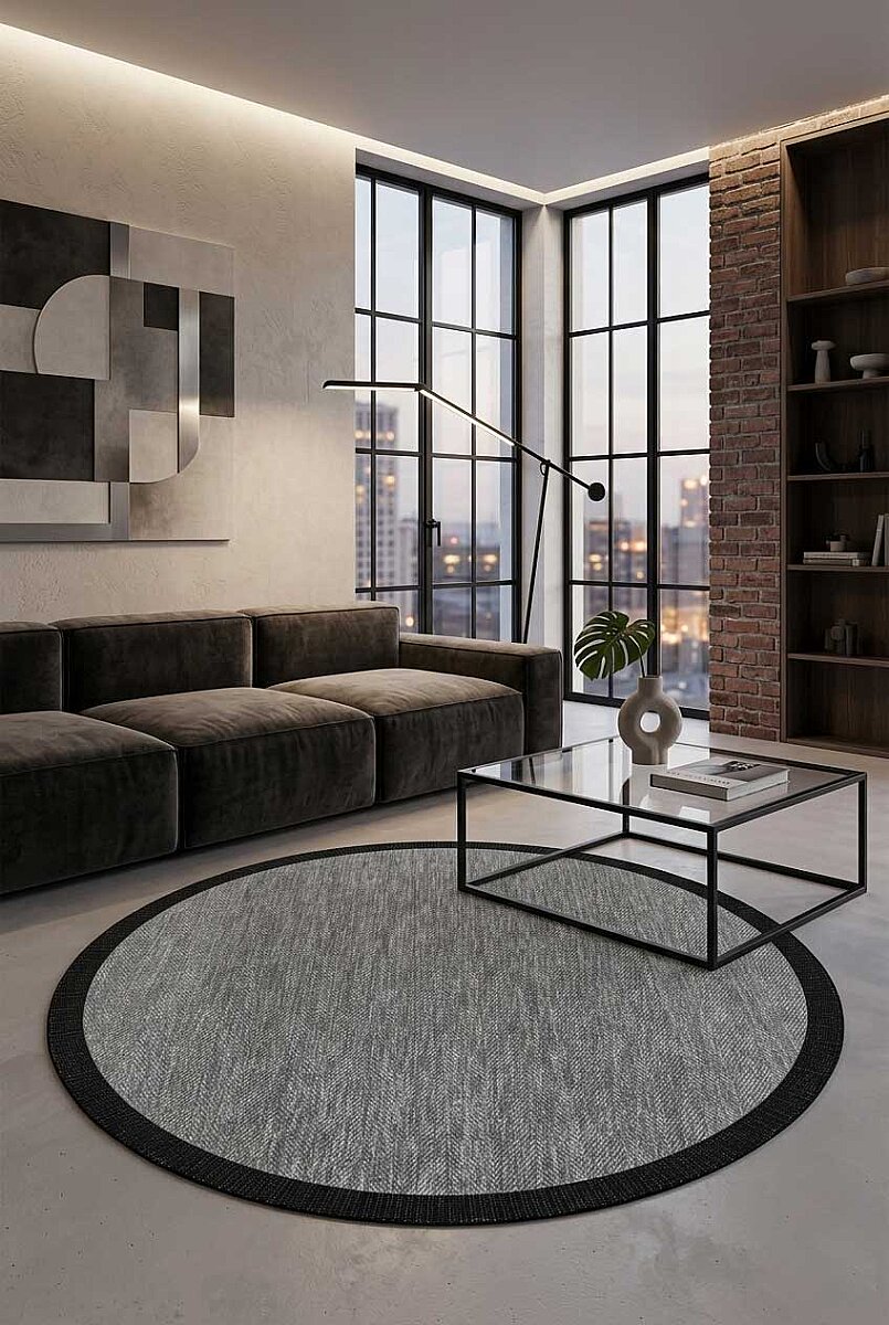 Agra Yuvarlak Siyah Çerçeveli Gri Sisal Dokuma Kolay Temizlenebilen Mutfak Salon ve Balkon Halısı Ar01 - Frenda