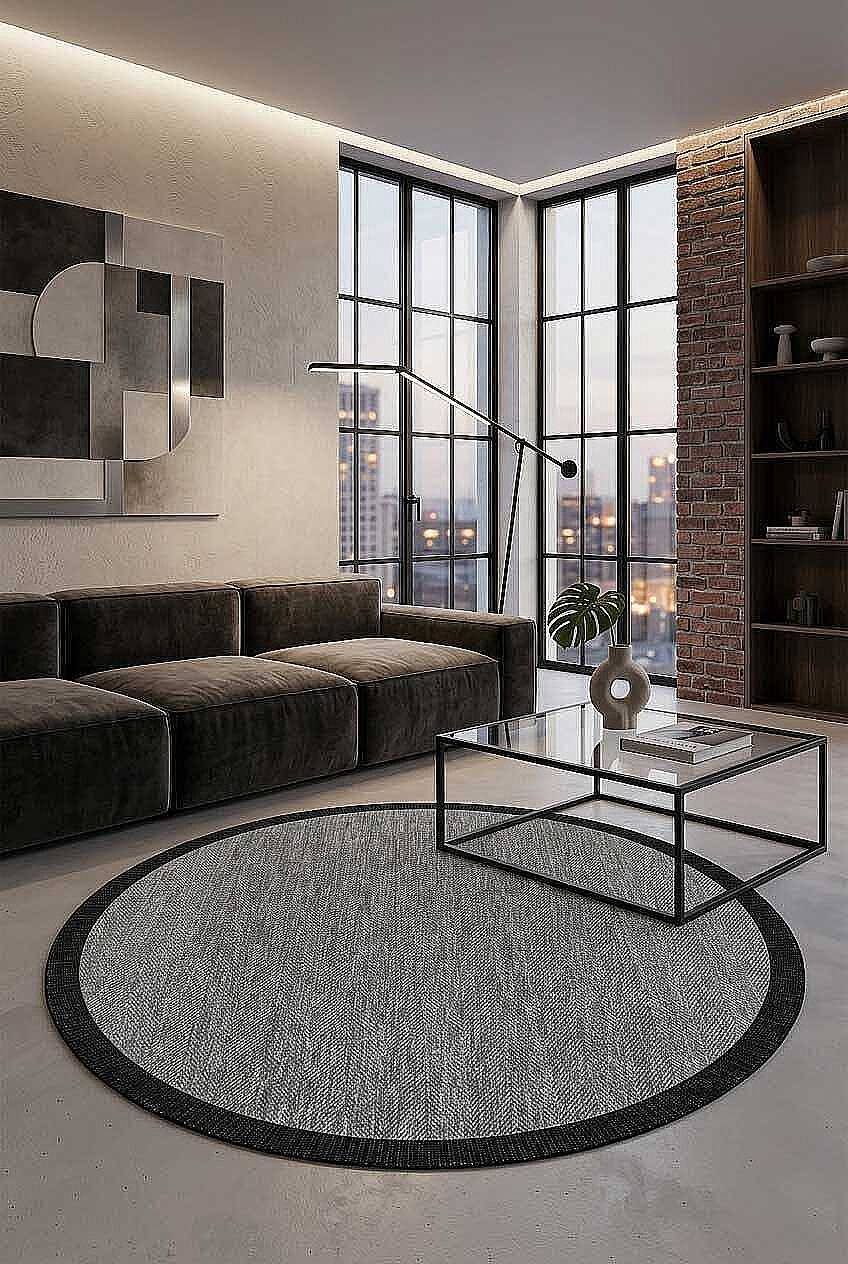 Agra Yuvarlak Siyah Çerçeveli Gri Sisal Dokuma Kolay Temizlenebilen Mutfak Salon ve Balkon Halısı Ar01 - 1