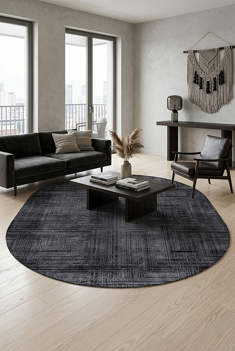 Alya Modern İtalyan Tasarım Makine Oval Halı Al01 Siyah - Frenda