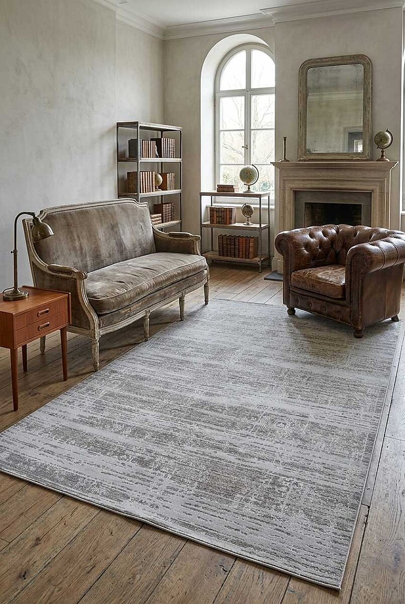 Antik Hermes Eskitme İskandinav Vintage Lüks Viskon Halı Hm01 Gri - Frenda