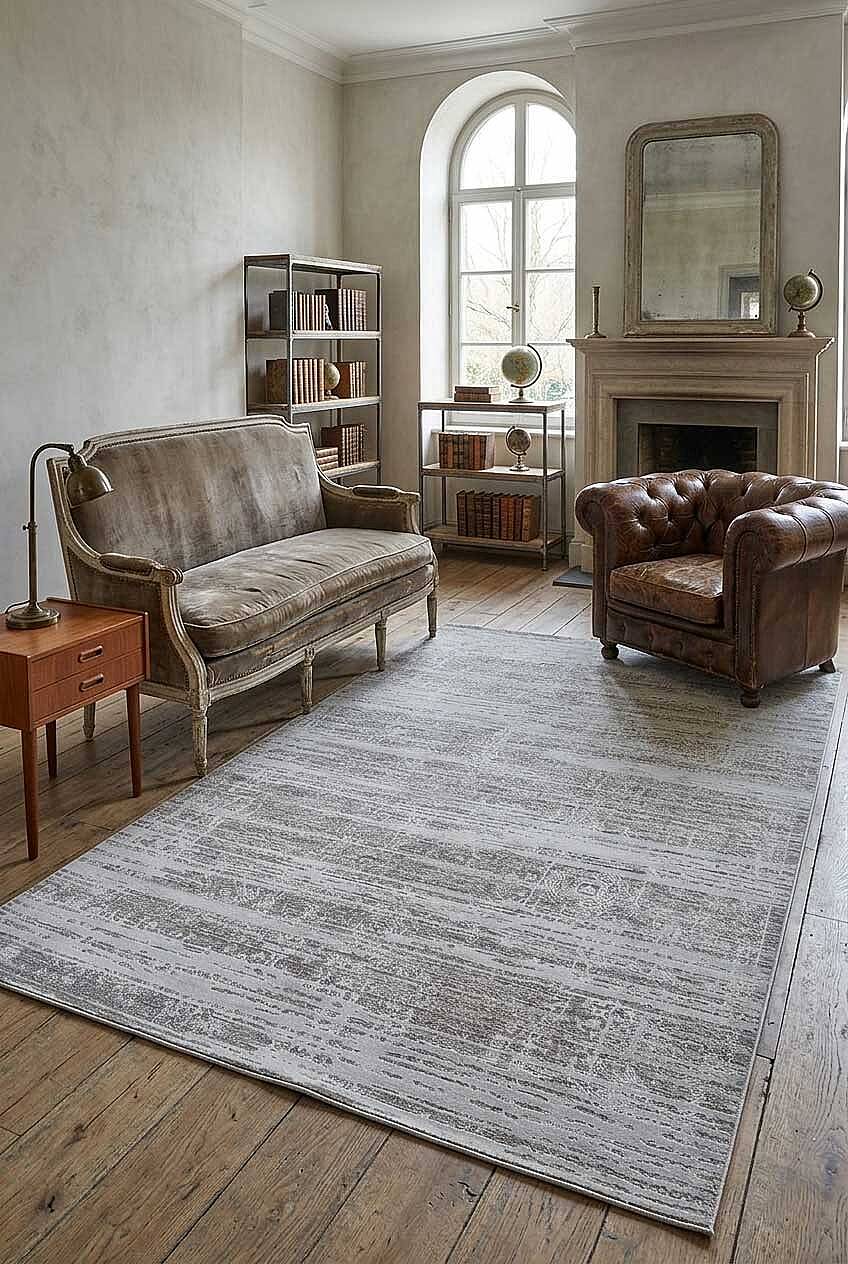 Antik Hermes Eskitme İskandinav Vintage Lüks Viskon Halı Hm01 Gri - 1