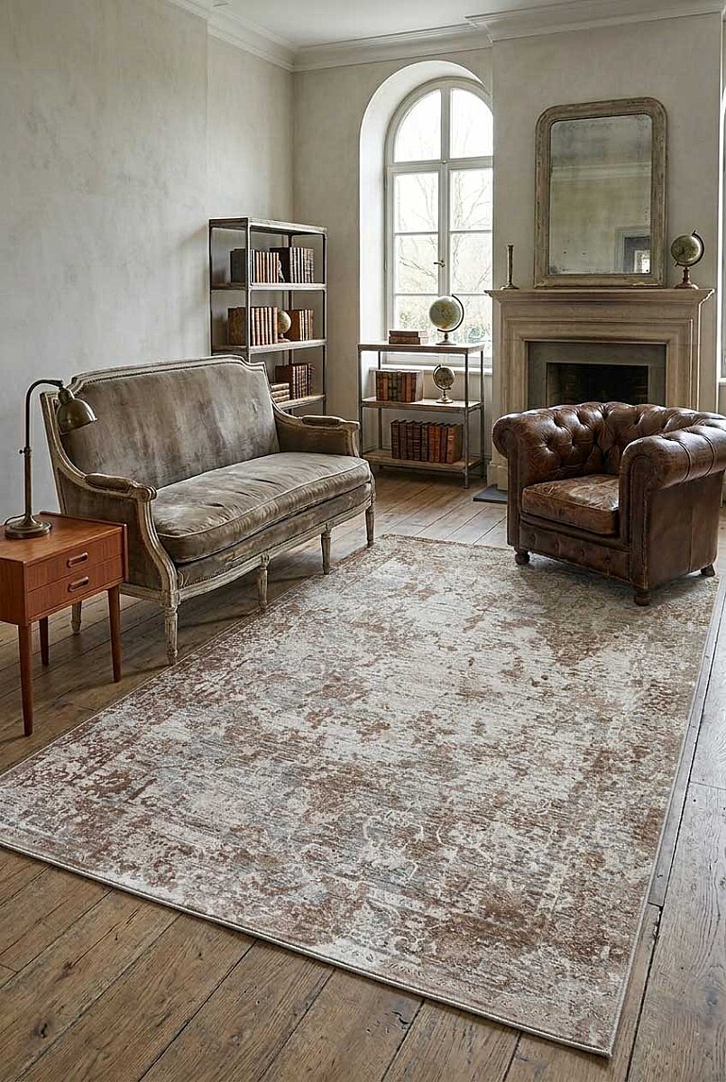 Antik Hermes Eskitme İskandinav Vintage Lüks Viskon Halı Hm02 Bej - Frenda