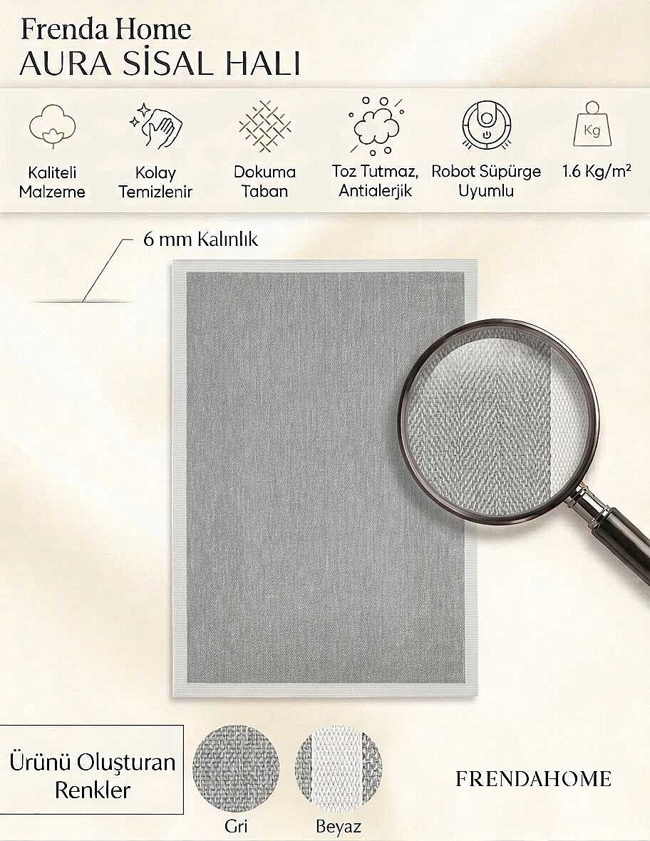 Aura Özel Ölçü Kesme Beyaz Bordürlü Gri Sisal Balıksırtı Dokuma Kolay Temizlenebilen Yolluk Halı - 3