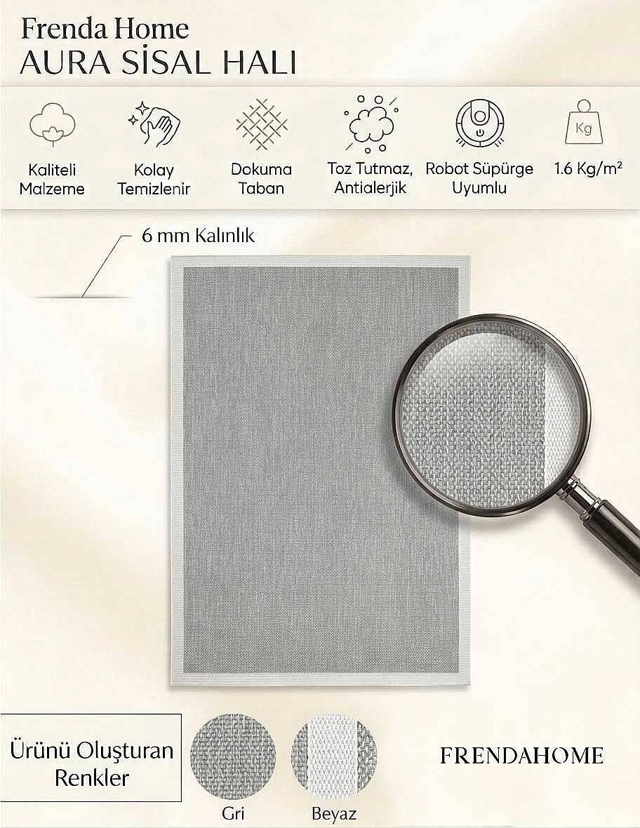 Aura Özel Ölçü Kesme Beyaz Bordürlü Gri Sisal Dokuma Kolay Temizlenebilen Yolluk Halı - 3