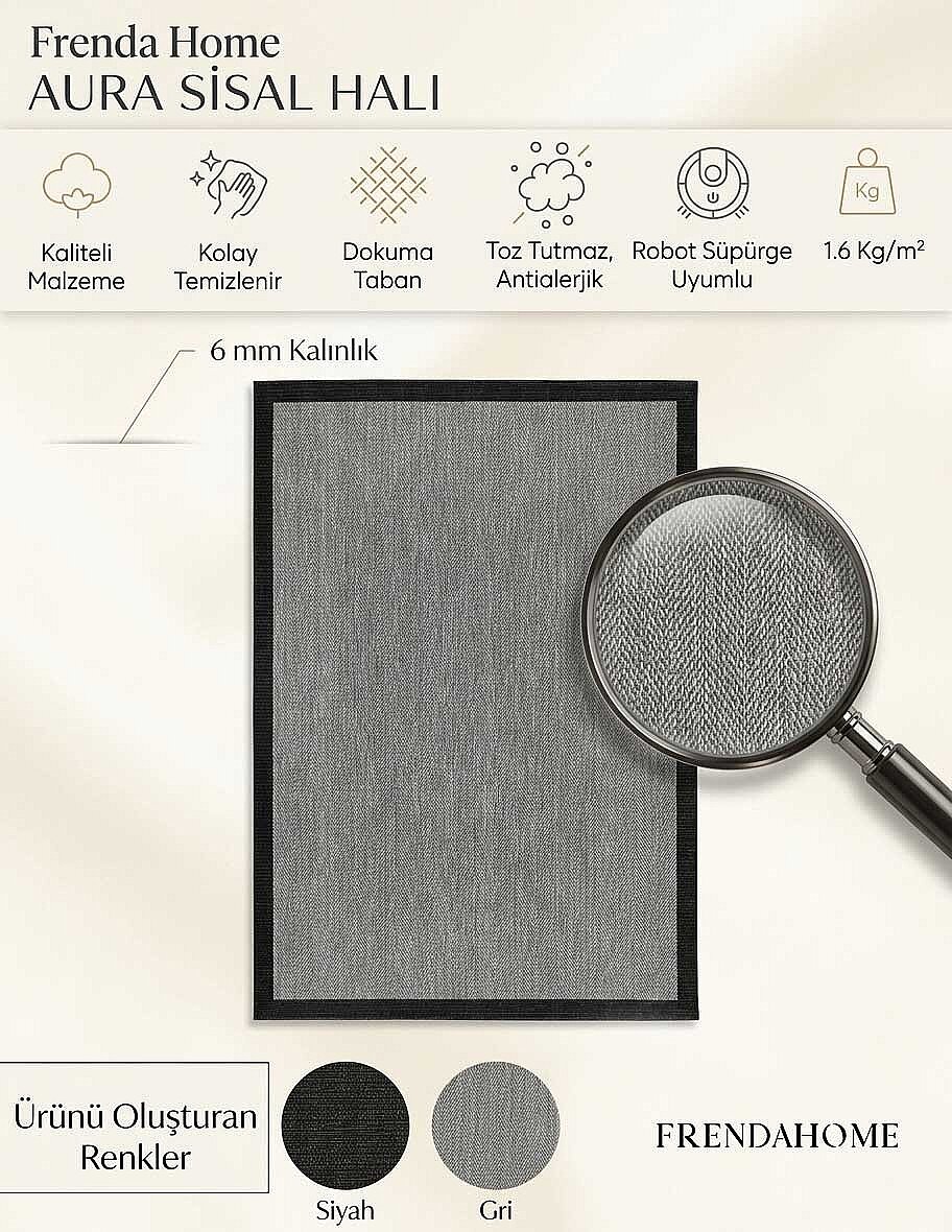 Aura Siyah Çerçeveli Gri Sisal Dokuma Kolay Temizlenebilen Mutfak Salon Koridor ve Balkon Halısı - 3