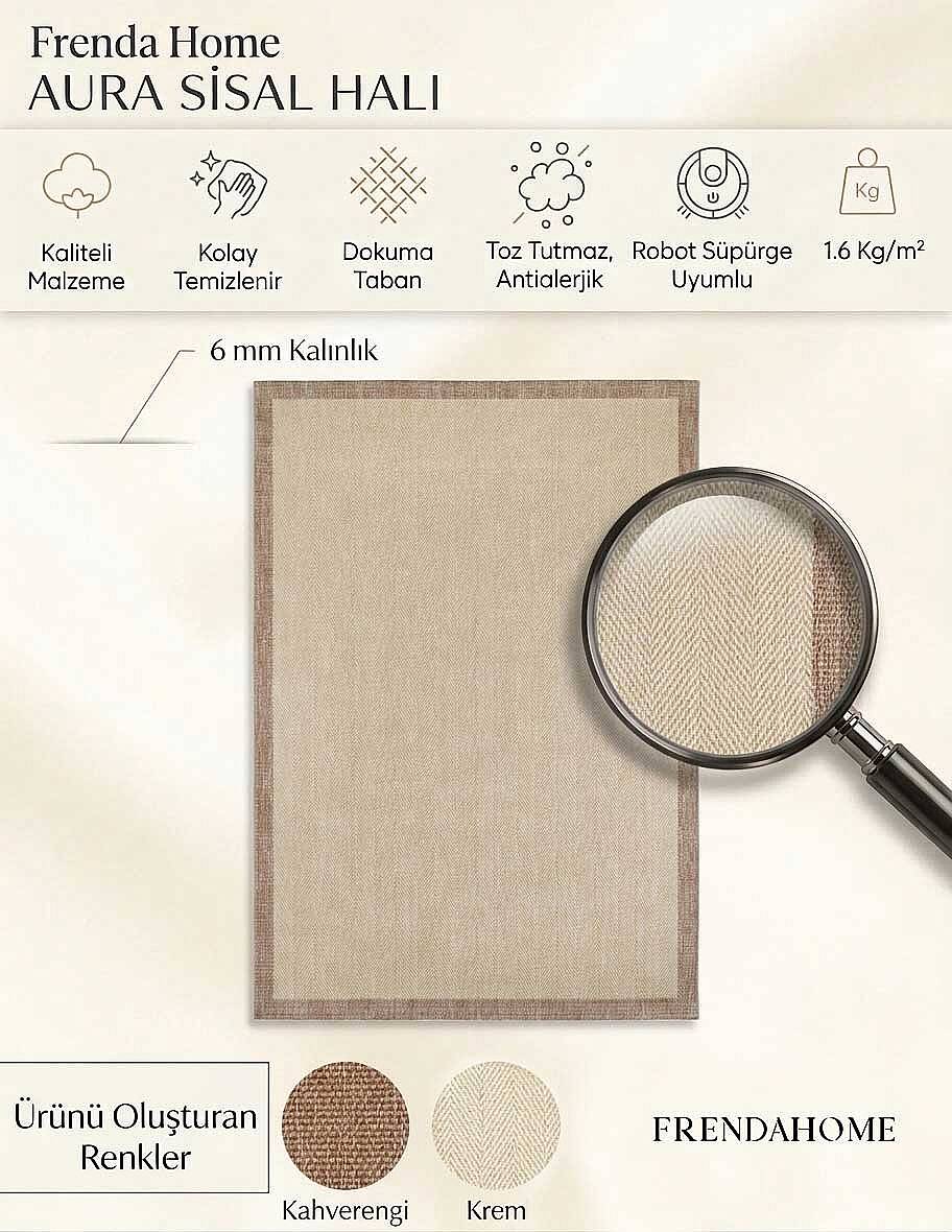 Aura Vizon Çerçeveli Bej Sisal Dokuma Kolay Temizlenebilen Mutfak Salon Koridor ve Balkon Halısı - 3