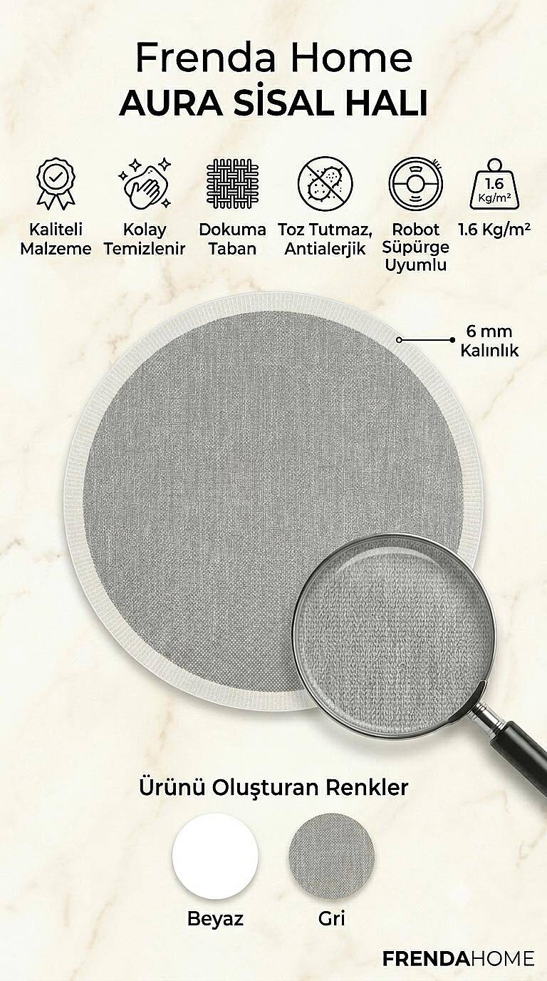 Aura Yuvarlak Beyaz Çerçeveli Gri Sisal Dokuma Kolay Temizlenebilen Mutfak Salon ve Balkon Halısı - 3