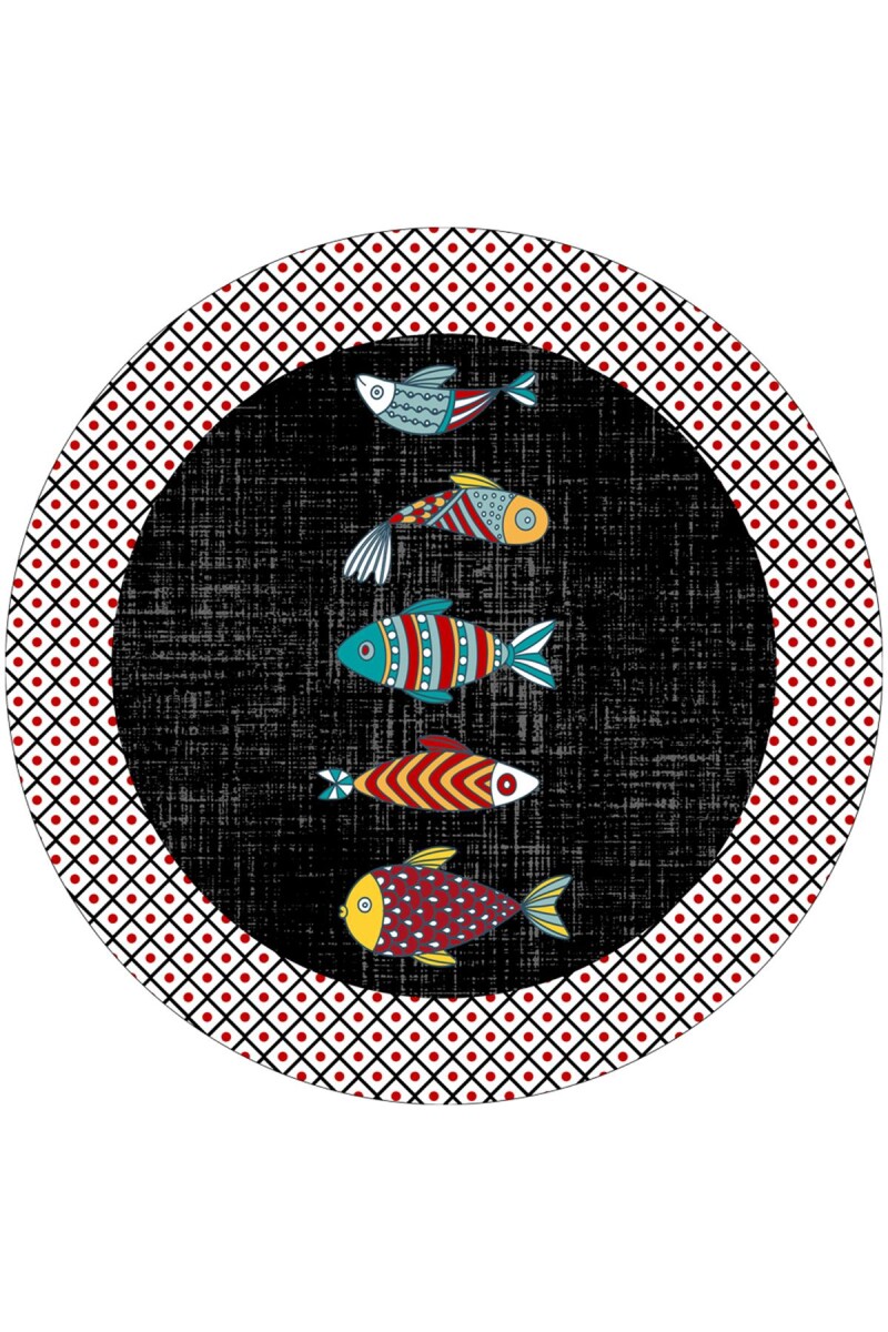 Balık Desenli Yıkanabilir Pamuk Taban Yuvarlak Dekoratif Halı - Frenda