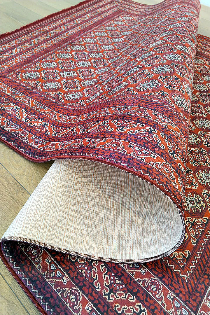 Baskılı Afgan Halısı Etnik Otantik Buhari Desen Yıkanabilir Kırmızı Halı - 6