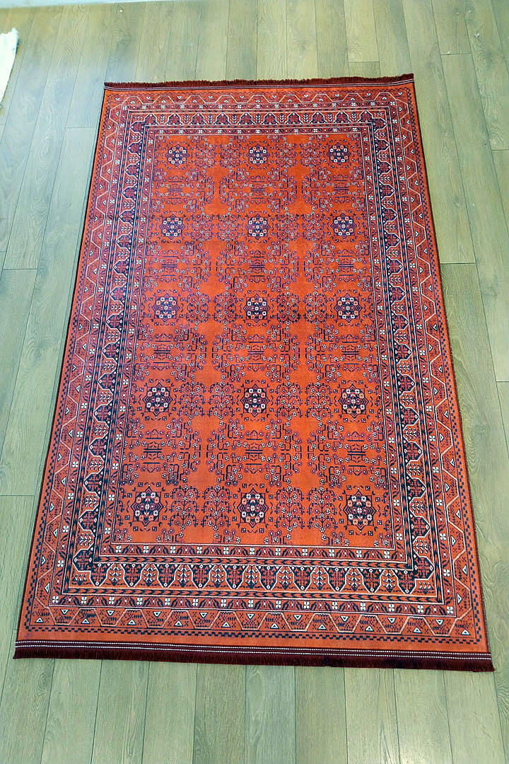 Baskılı Afgan Halısı Etnik Otantik Hamyap Desen Yıkanabilir Kırmızı Halı - 3