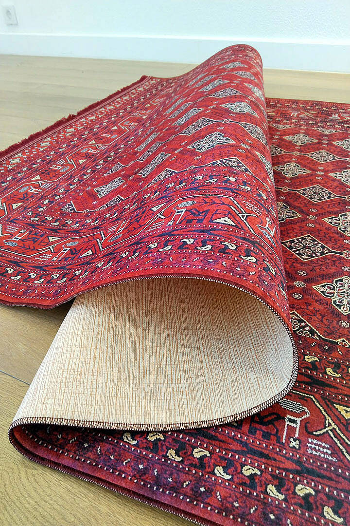 Baskılı Afgan Halısı Etnik Otantik Hoca Roshnai Desen Yıkanabilir Kırmızı Halı - 6