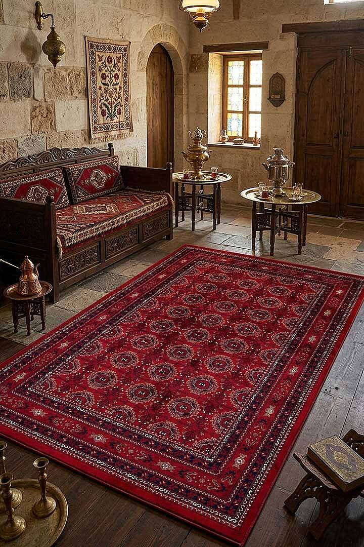 Baskılı Afgan Halısı Etnik Otantik Kunduz Desen Yıkanabilir Kırmızı Halı - 1