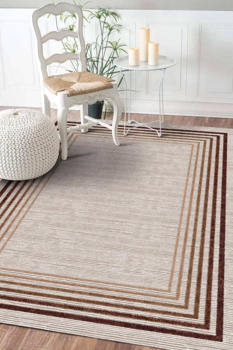 Çerçeve Çizgi Desenli Pamuk Taban Dijital Baskılı Halı Kahve 