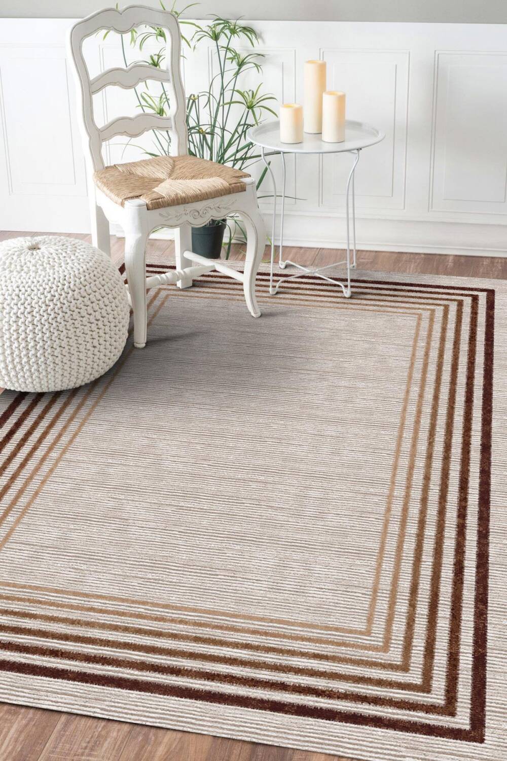 Çerçeve Çizgi Desenli Pamuk Taban Dijital Baskılı Halı Kahve - 1