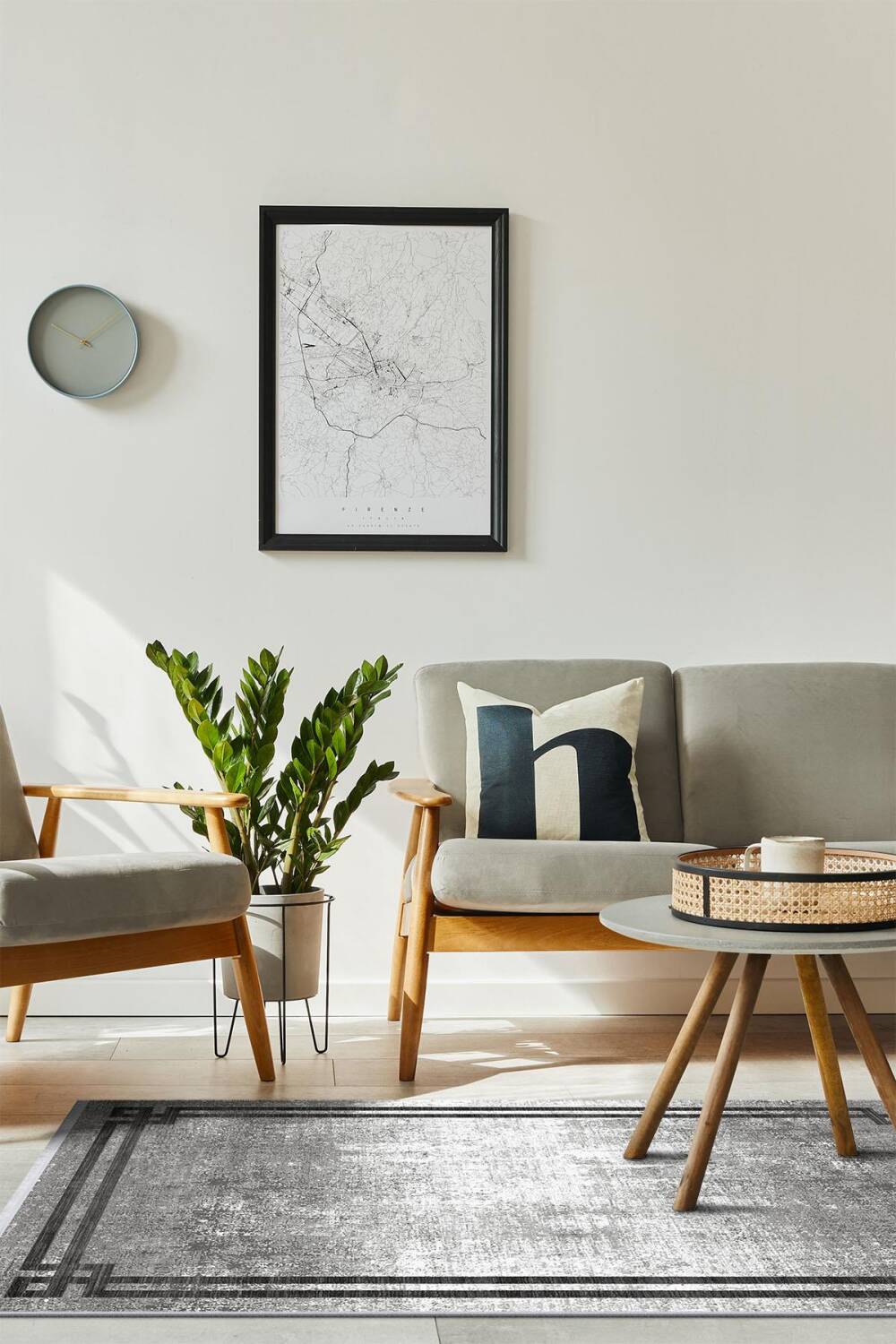 Çerçeve Desen Pamuk Taban Dijital Baskılı Halı Gri - 1