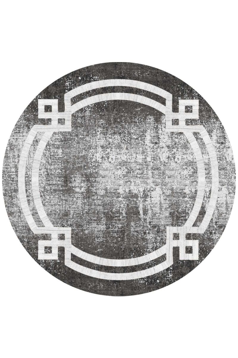 Çerçeve Desen Pamuk Taban Dijital Baskılı Yuvarlak Halı Antrasit - Frenda