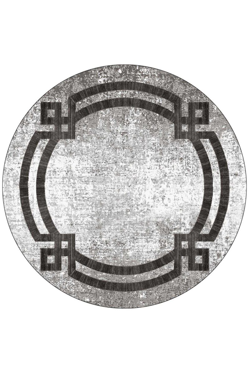 Çerçeve Desen Pamuk Taban Dijital Baskılı Yuvarlak Halı Gri 