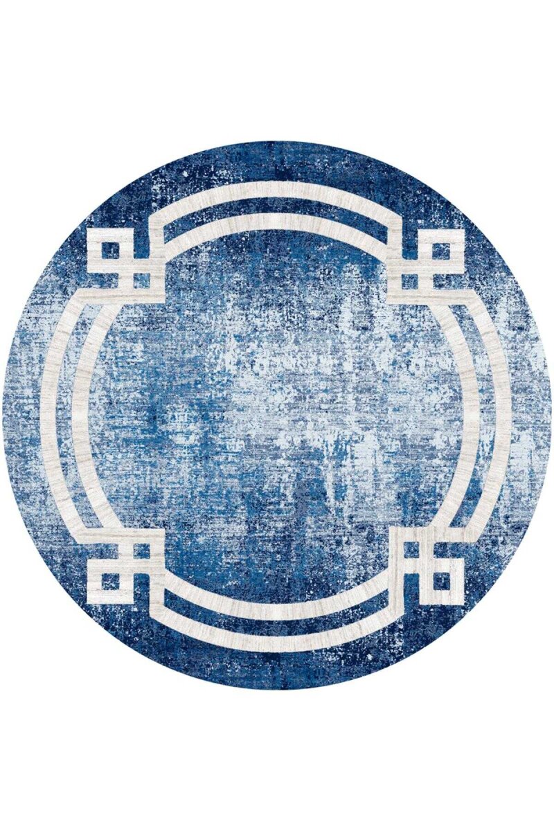 Çerçeve Desen Pamuk Taban Dijital Baskılı Yuvarlak Halı Lacivert - Frenda