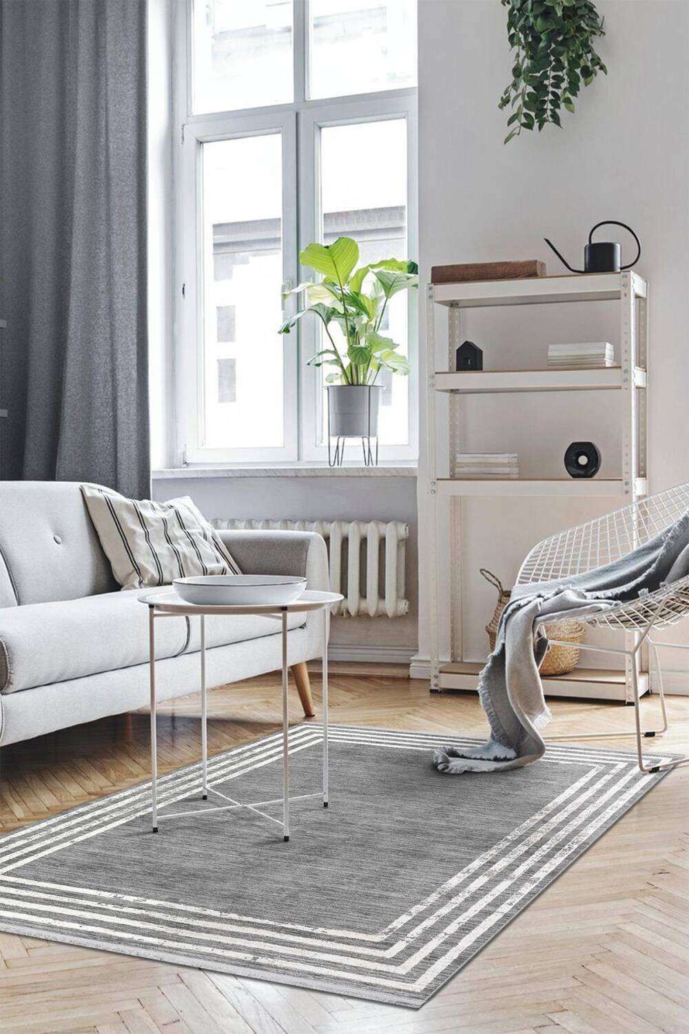 Çerçeve Desenli Dijital Baskılı Pamuk Taban Halı Gri - 1