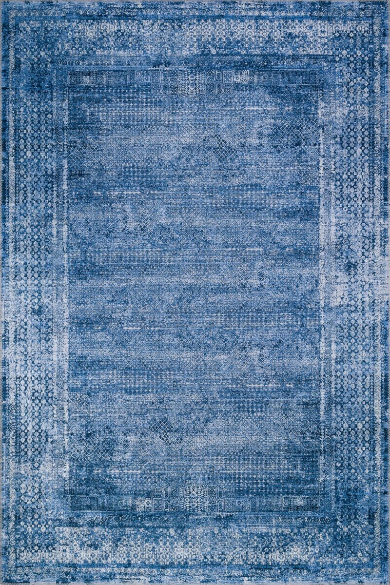 Çerçeve Desenli Pamuk Taban Dijital Baskılı Dekoratif Halı Mavi 