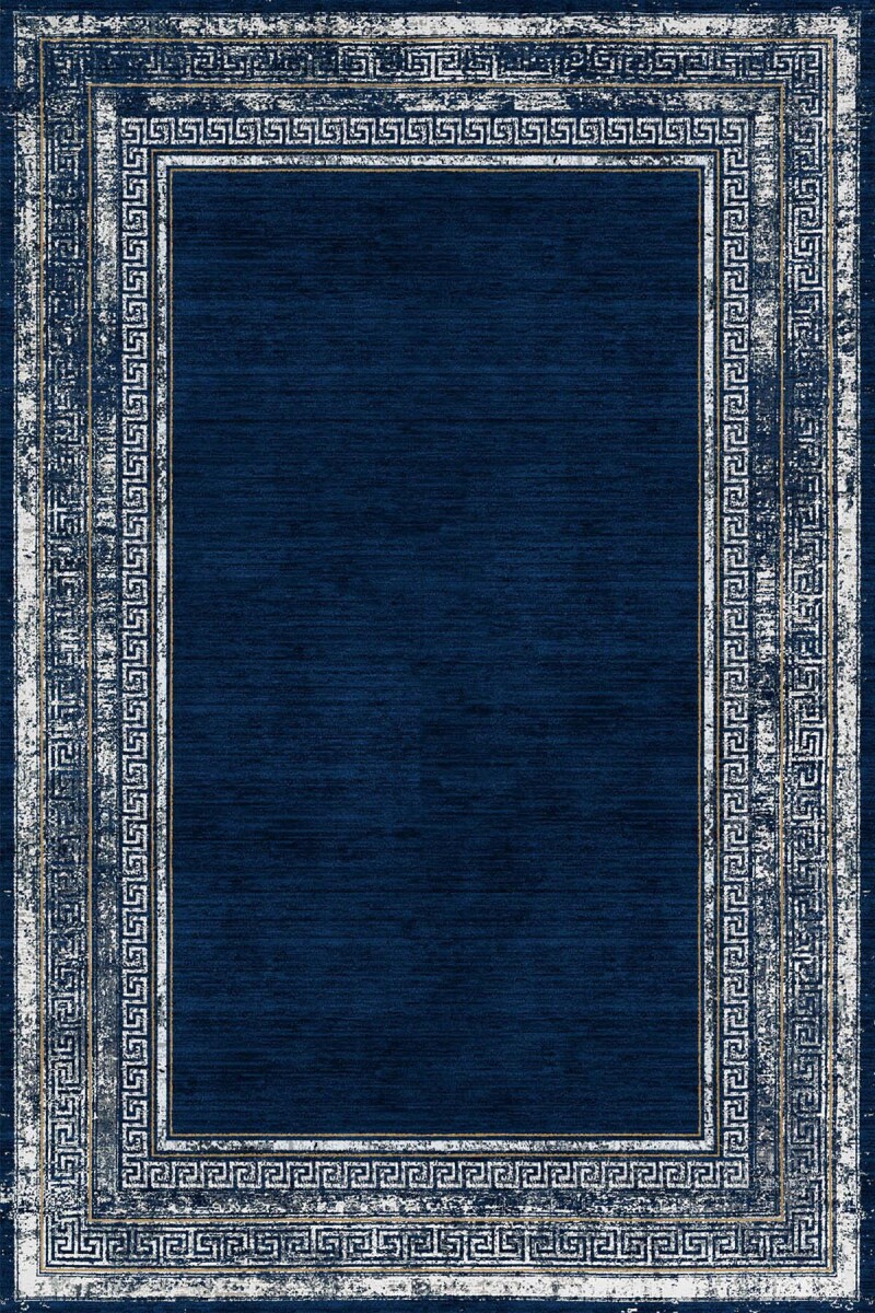 Çerçeve Desenli Pamuk Taban Dijital Baskılı Halı Lacivert 