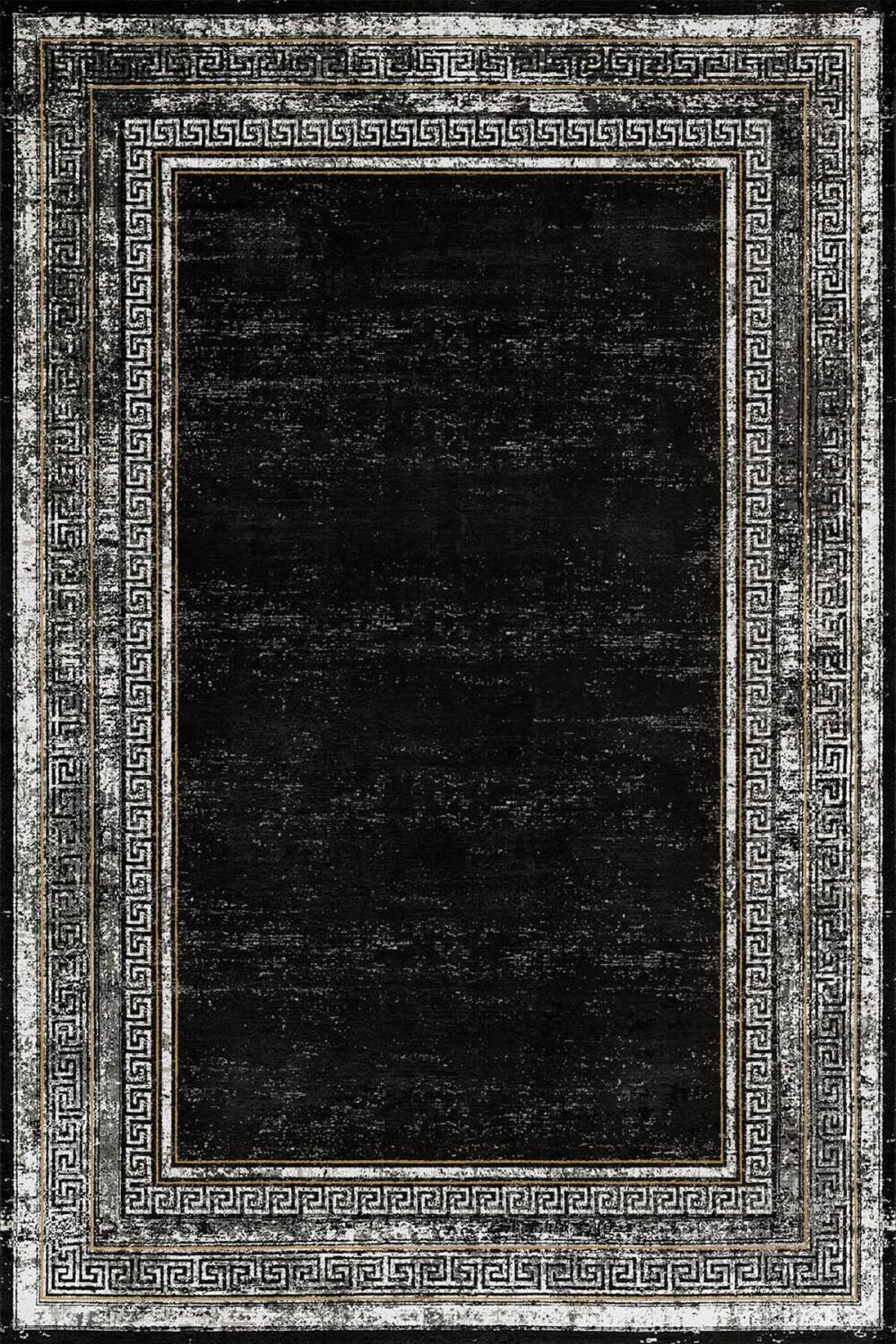 Çerçeve Desenli Pamuk Taban Dijital Baskılı Halı Siyah - 1