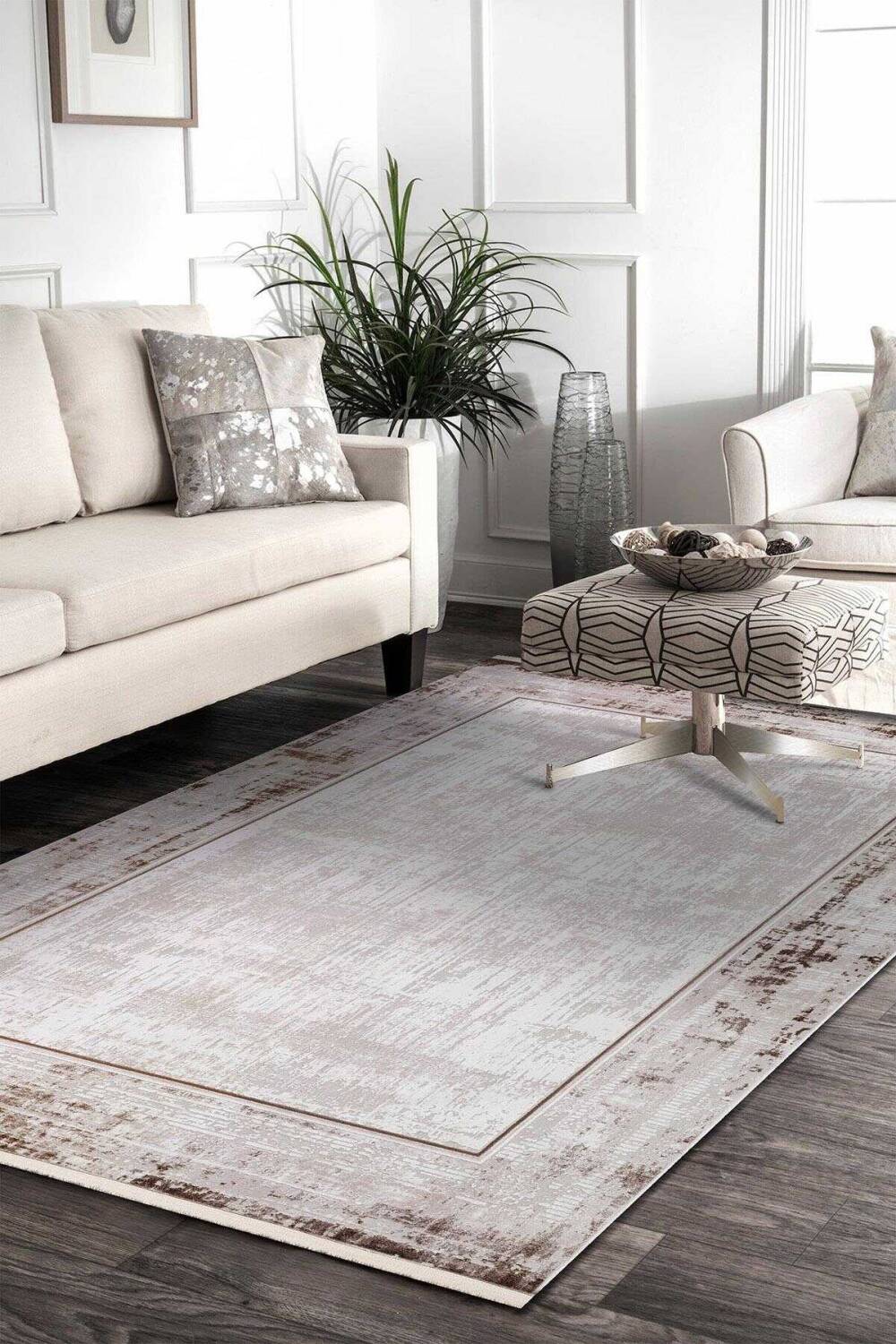 Çerçeveli Pamuk Taban Dijital Baskılı Dekoratif Halı Krem - 1