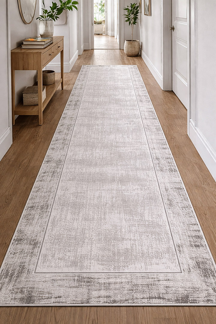 Çerçeveli Pamuk Taban Dijital Baskılı Dekoratif Yolluk Halı Gri - Frenda