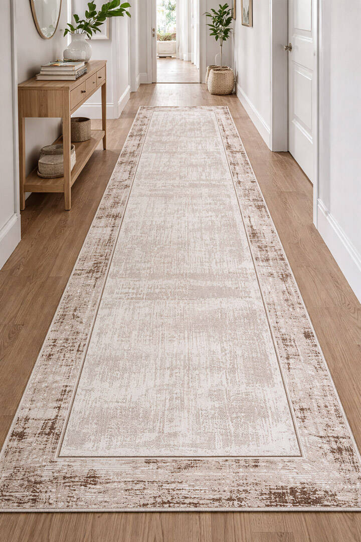 Çerçeveli Pamuk Taban Dijital Baskılı Dekoratif Yolluk Halı Krem - 1