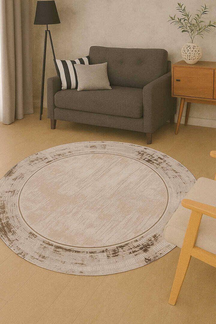 Çerçeveli Pamuk Taban Dijital Baskılı Dekoratif Yuvarlak Halı Krem - 1