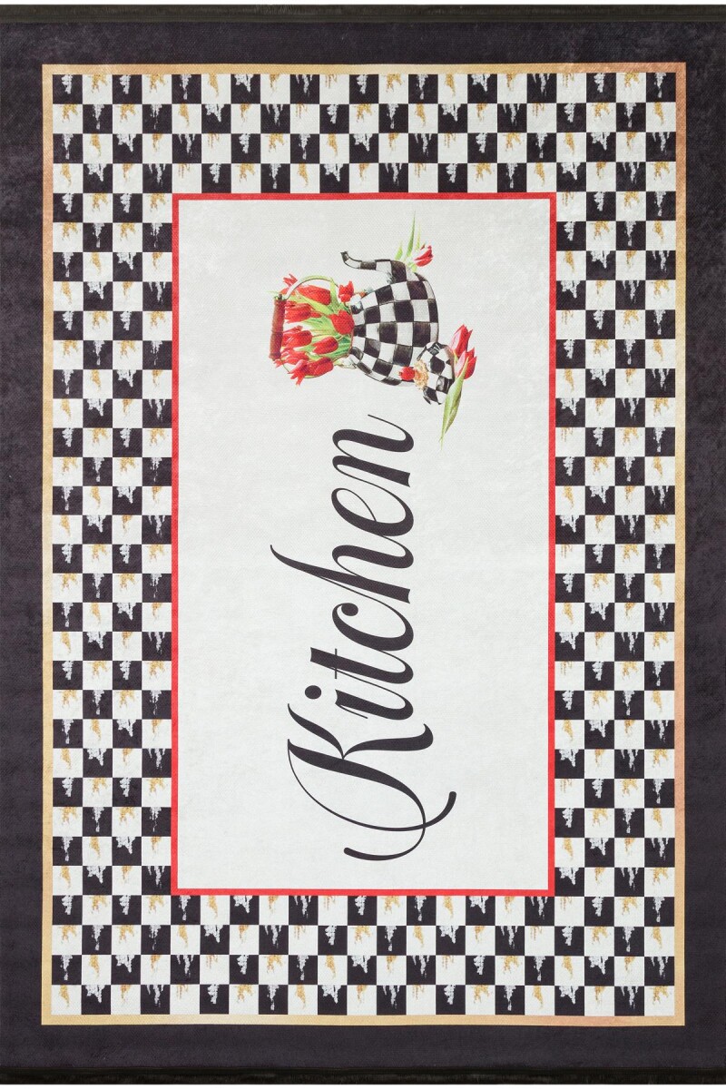 Dama Desen Yıkanabilir Pamuk Taban Kitchen Yazılı Mutfak Halısı 