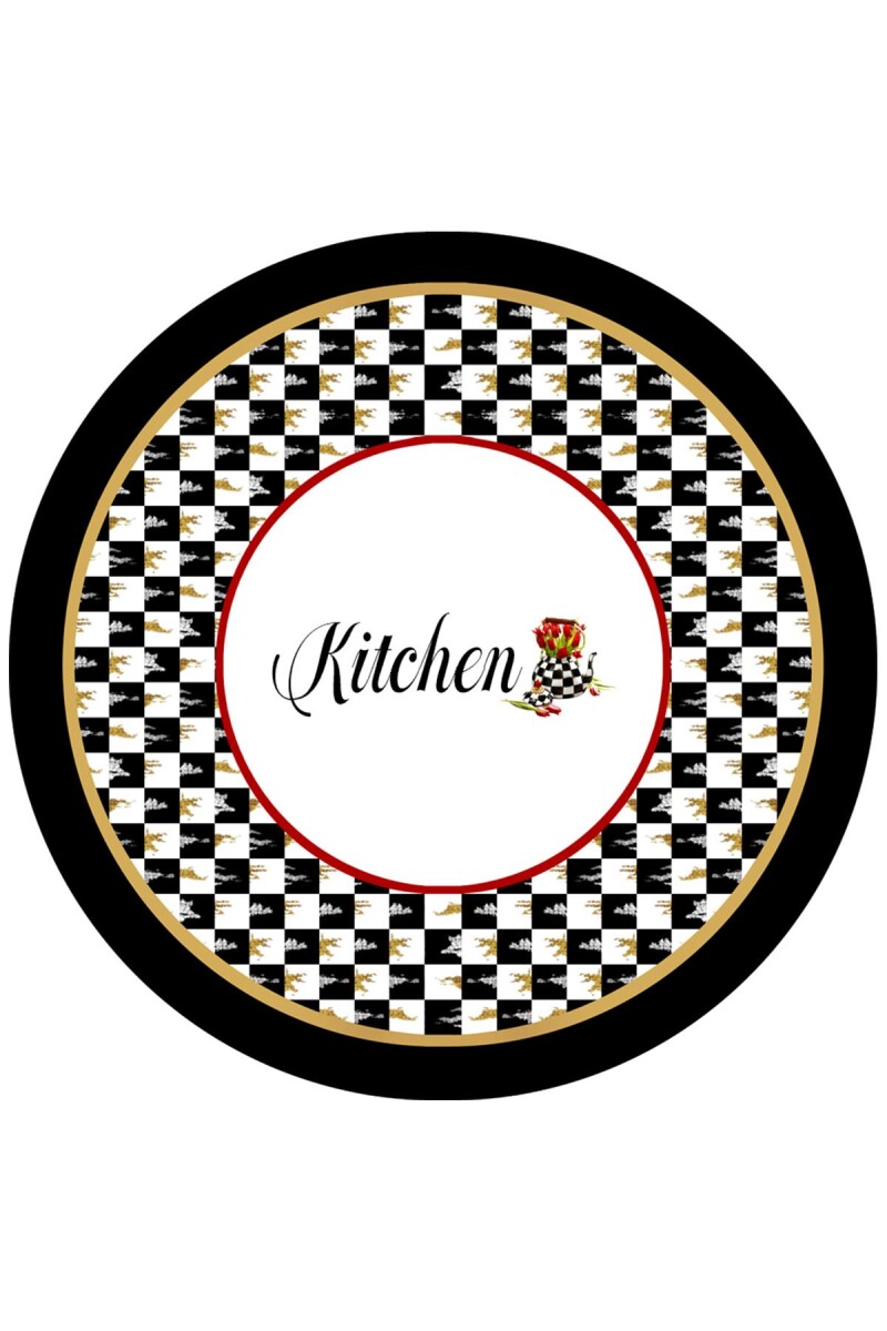 Dama Desen Yıkanabilir Pamuk Taban Kitchen Yazılı Yuvarlak Mutfak Halısı SİYAH