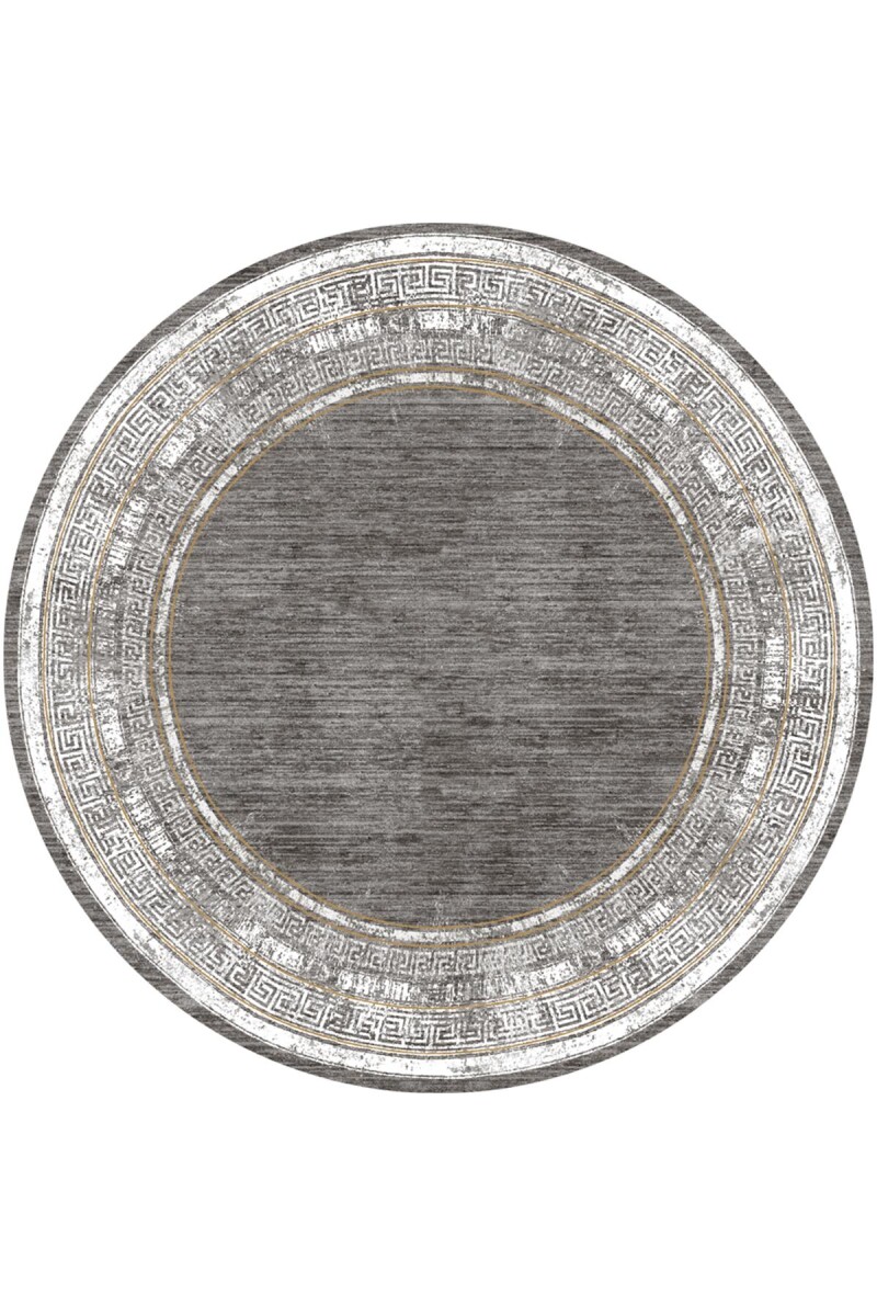 Dekoratif Çerçeve Desenli Pamuk Taban Dijital Baskılı Yuvarlak Halı Gri - Frenda