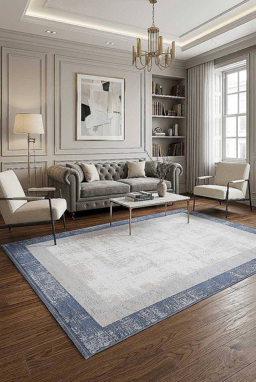 Dekoratif Palermo Klasik Çerçeveli Salon Halısı Pl01 Mavi - 1