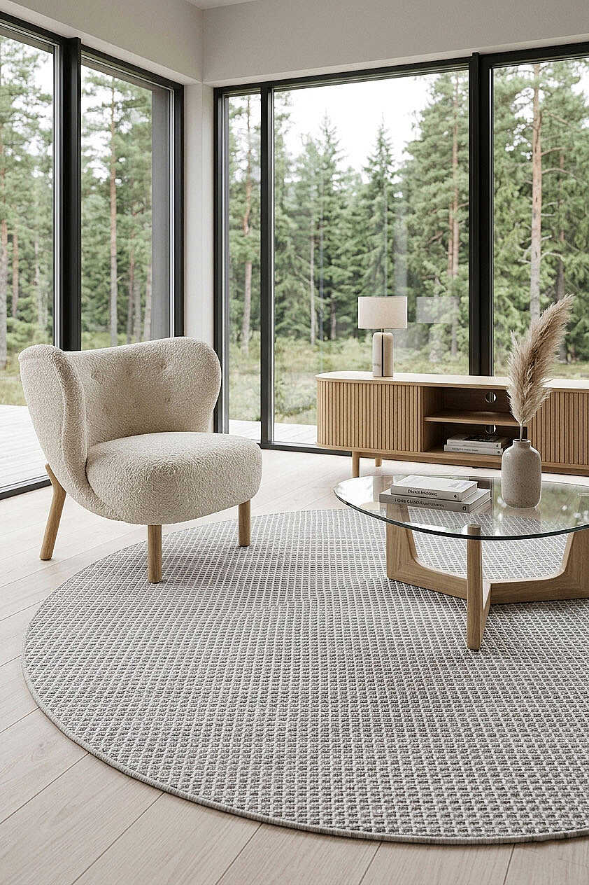 Divan Şönil Pamuklu Tek Renk Desensiz Kilim Yuvarlak Halı Hr-5841 Açık Gri